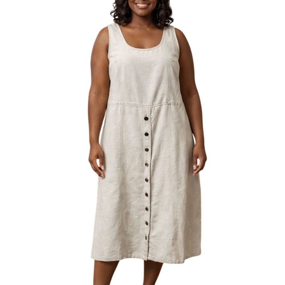 Erika & Co Size Large Dress Khaki Button Front Sleeveless Linen Blend